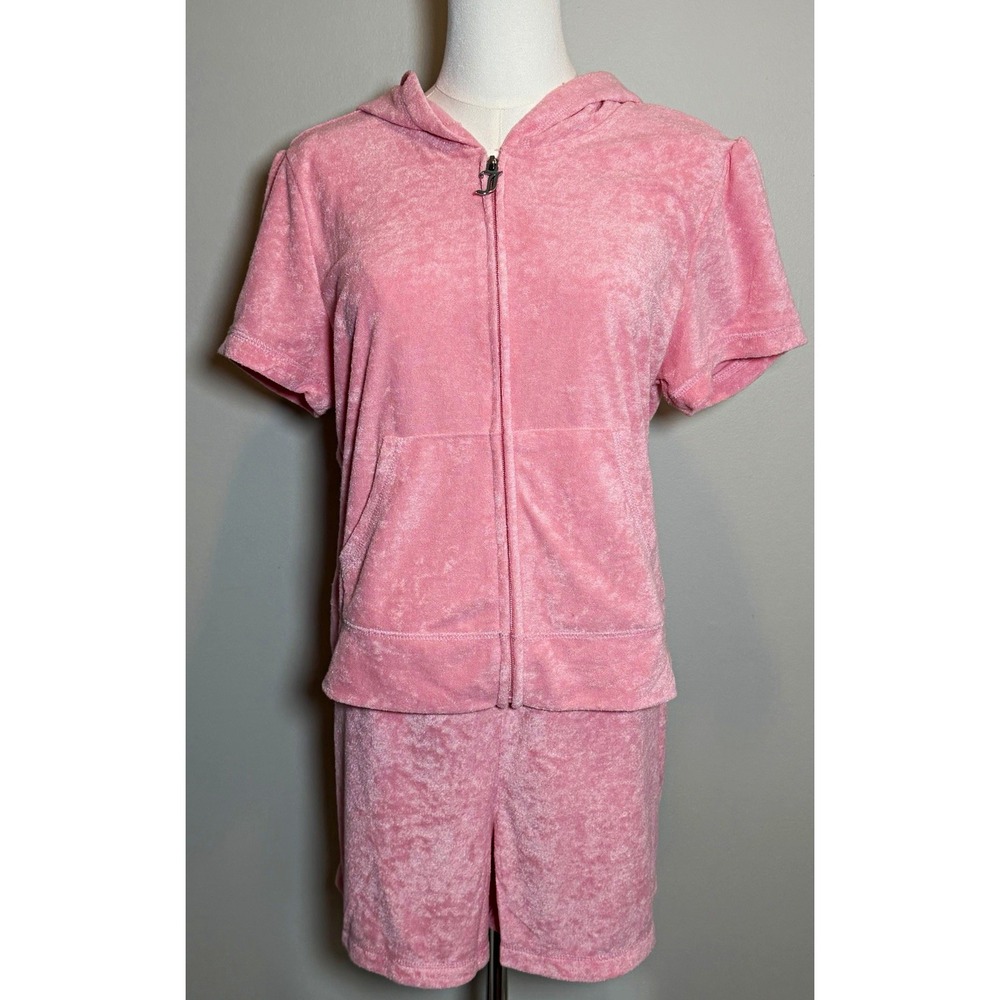 Juicy Couture Flamingo Pink Terry 2pc Hooded Zip Hoodie & Short Set Women L NWT